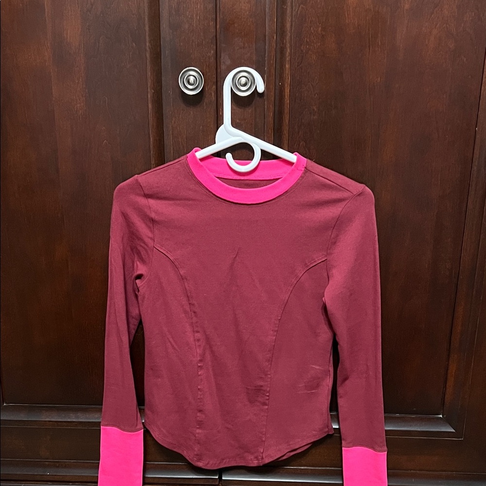 Maeve Two-Tone Long Sleeve Top in Burgundy and Bright Pink
